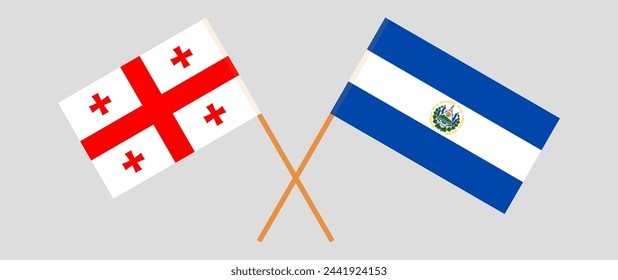 Crossed flags of Georgia and El Salvador. Official colors. Correct proportion. Vector illustration
