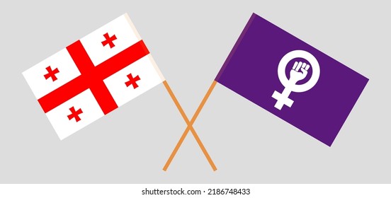 Crossed flags of Georgia and Feminism. Official colors. Correct proportion. Vector illustration
