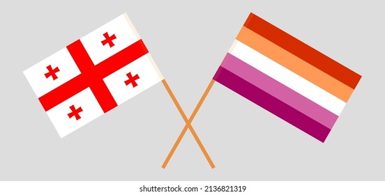 Crossed flags of Georgia and Lesbian Pride. Official colors. Correct proportion. Vector illustration
