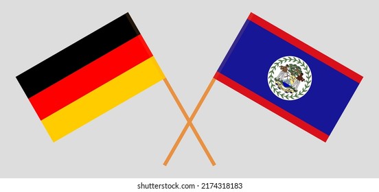 Überkreuzte Flaggen von Deutschland und Belize. Offizielle Farben. Richtiger Anteil. Vektorgrafik
