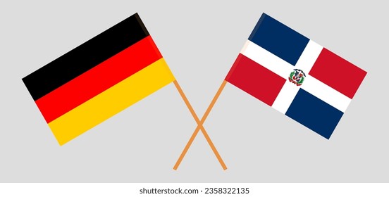 Crossed flags of Germany and Dominican Republic. Official colors. Correct proportion. Vector illustration
