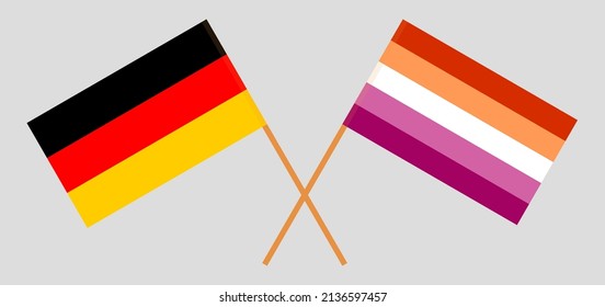 Crossed flags of Germany and Lesbian Pride. Official colors. Correct proportion. Vector illustration