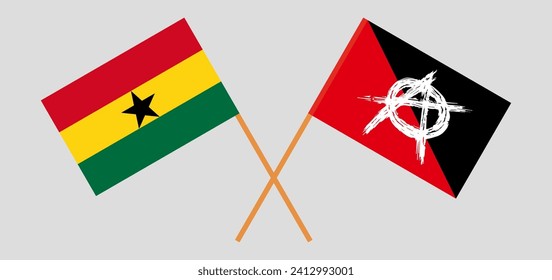 Crossed flags of Ghana and anarchy. Official colors. Correct proportion. Vector illustration
