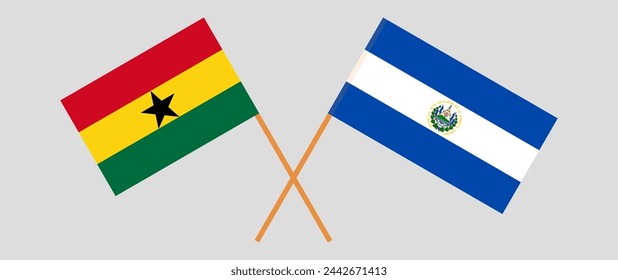 Crossed flags of Ghana and El Salvador. Official colors. Correct proportion. Vector illustration
