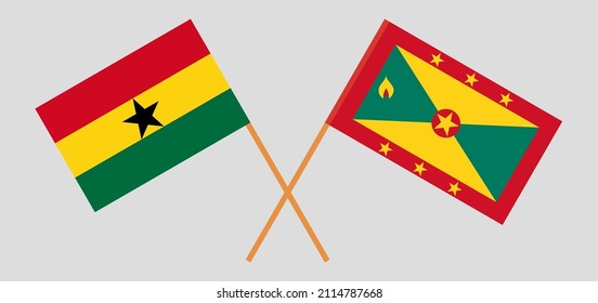 Banderas cruzadas de Ghana y Granada. Colores oficiales. Proporción correcta. Ilustración del vector
