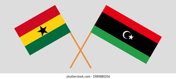 Banderas cruzadas de Ghana y Libia. Colores oficiales. Proporción correcta