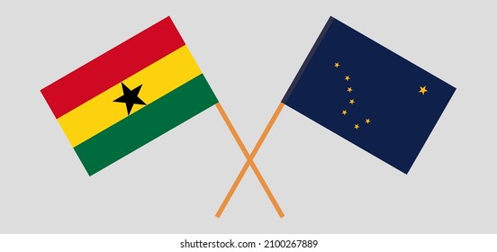 Crossed flags of Ghana and the State of Alaska. Official colors. Correct proportion. Vector illustration
