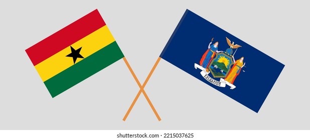 Crossed flags of Ghana and The State of New York. Official colors. Correct proportion. Vector illustration
