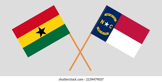 Crossed flags of Ghana and The State of North Carolina. Official colors. Correct proportion. Vector illustration
