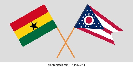 Crossed flags of Ghana and the State of Ohio. Official colors. Correct proportion. Vector illustration

