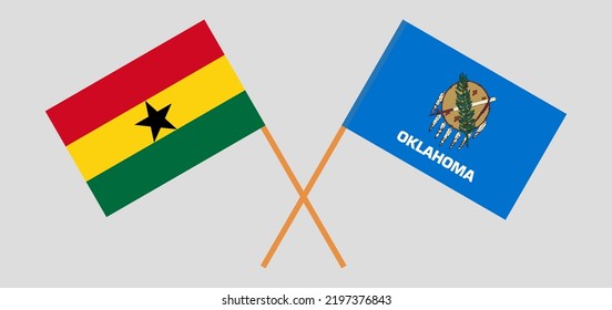 Banderas cruzadas de Ghana y el estado de Oklahoma. Colores oficiales. Proporción correcta. Ilustración del vector
