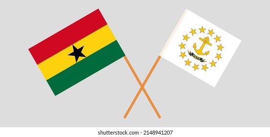 Banderas cruzadas de Ghana y el estado de la isla Rhode. Colores oficiales. Proporción correcta. Ilustración del vector
