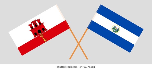 Crossed flags of Gibraltar and El Salvador. Official colors. Correct proportion. Vector illustration
