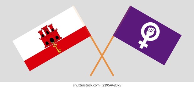 Crossed flags of Gibraltar and Feminism. Official colors. Correct proportion. Vector illustration
