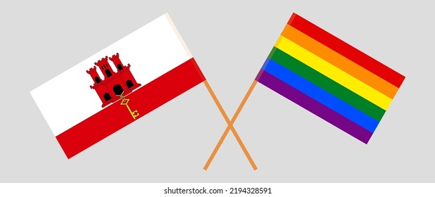 Crossed flags of Gibraltar and LGBTQ. Official colors. Correct proportion. Vector illustration
