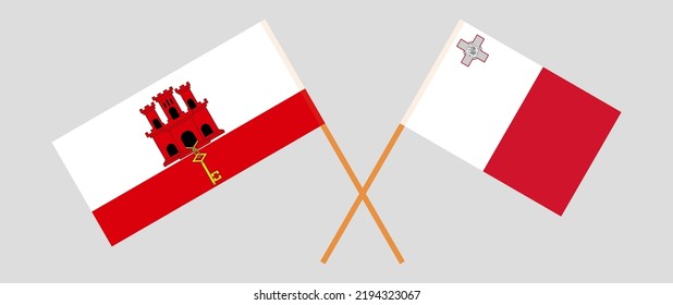 Banderas cruzadas de Gibraltar y Malta. Colores oficiales. Proporción correcta. Ilustración del vector
