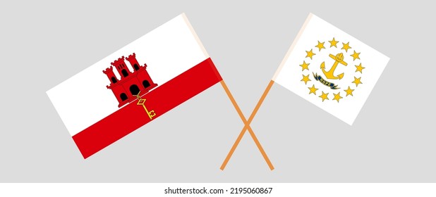 Crossed flags of Gibraltar and the State of Rhode Island. Official colors. Correct proportion. Vector illustration
