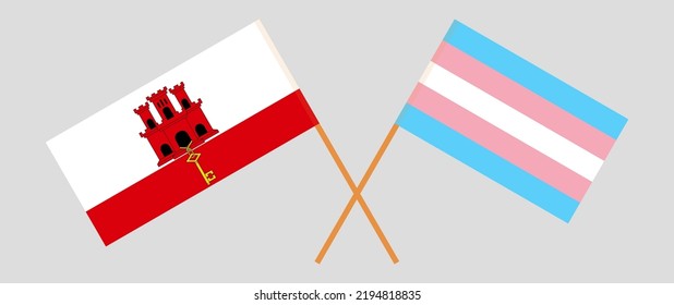 Crossed flags of Gibraltar and Transgender Pride. Official colors. Correct proportion. Vector illustration
