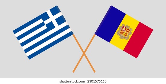 Crossed flags of Greece and Andorra. Official colors. Correct proportion. Vector illustration
