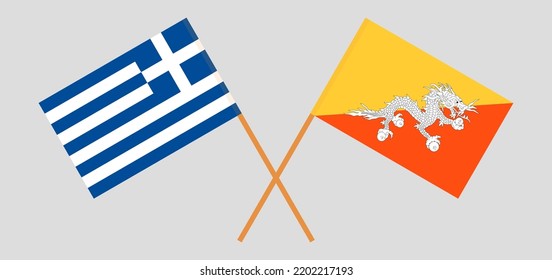 Crossed flags of Greece and Bhutan. Official colors. Correct proportion. Vector illustration
