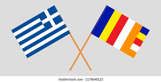 Banderas cruzadas de Grecia y budismo. Colores oficiales. Proporción correcta. Ilustración del vector

