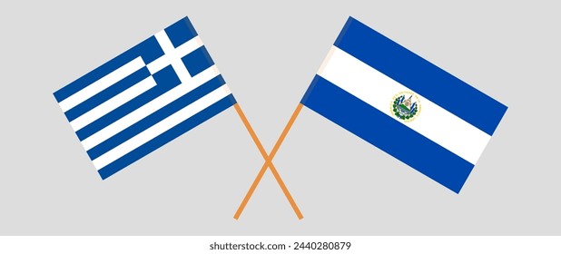 Crossed flags of Greece and El Salvador. Official colors. Correct proportion. Vector illustration
