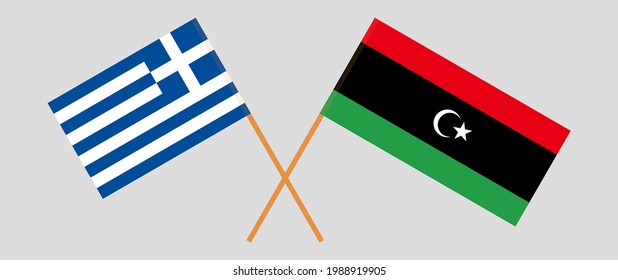 Crossed flags of Greece and Libya. Official colors. Correct proportion
