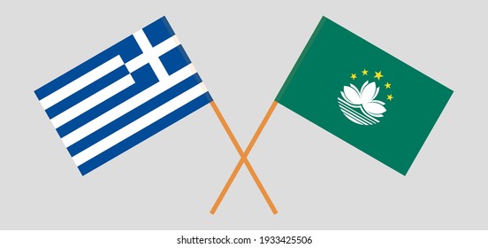 Banderas cruzadas de Grecia y Macao. Colores oficiales. Proporción correcta
