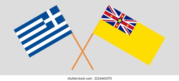 Crossed flags of Greece and Niue. Official colors. Correct proportion. Vector illustration
