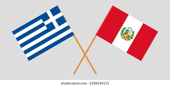Crossed flags of Greece and Peru. Official colors. Correct proportion. Vector illustration
