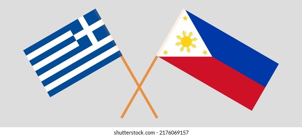 Banderas cruzadas de Grecia y Filipinas. Colores oficiales. Proporción correcta. Ilustración del vector

