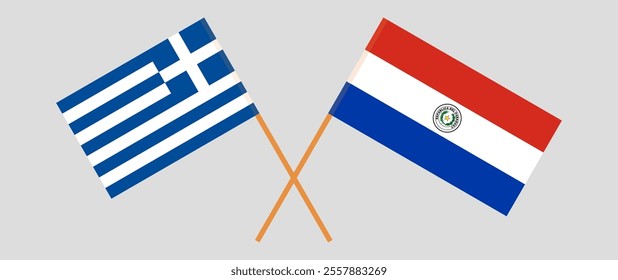 Crossed flags of Greece and Republic of Paraguay. Official colors. Correct proportion. Vector illustration.
