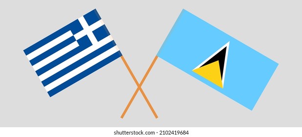 Crossed flags of Greece and Saint Lucia. Official colors. Correct proportion. Vector illustration
