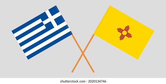 Crossed flags of Greece and the State of New Mexico. Official colors. Correct proportion