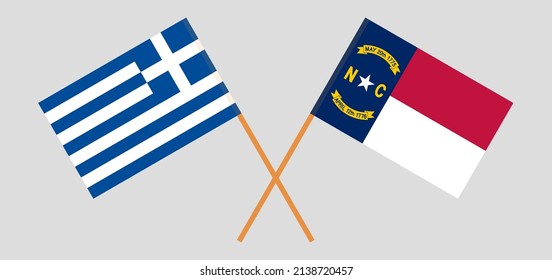 Crossed flags of Greece and The State of North Carolina. Official colors. Correct proportion. Vector illustration
