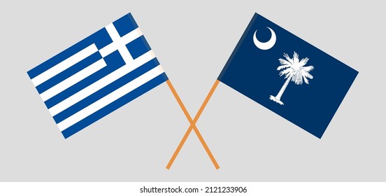 Überquerte Flaggen von Griechenland und dem Staat South Carolina. Offizielle Farben. Richtiger Anteil. Vektorgrafik
