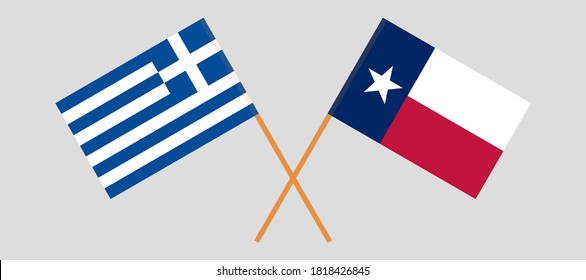 Crossed flags of Greece and the State of Texas. Official colors. Correct proportion. Vector illustration
