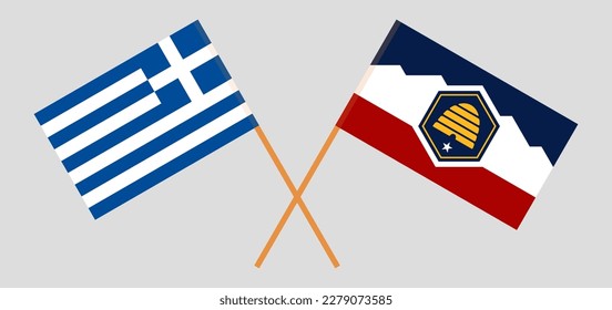 Crossed flags of Greece and The State of Utah. Official colors. Correct proportion. Vector illustration