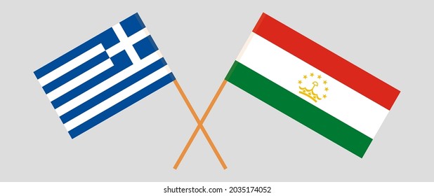 Crossed flags of Greece and Tajikistan. Official colors. Correct proportion