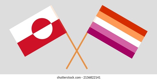 Crossed flags of Greenland and Lesbian Pride. Official colors. Correct proportion. Vector illustration
