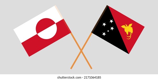 Crossed flags of Greenland and Papua New Guinea. Official colors. Correct proportion. Vector illustration
