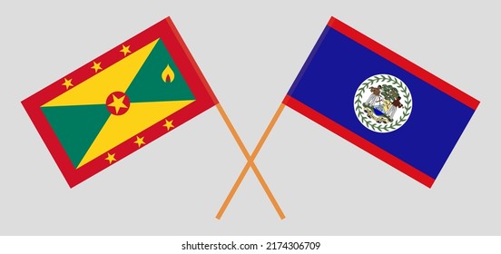 Überquerte Flaggen von Grenada und Belize. Offizielle Farben. Richtiger Anteil. Vektorgrafik
