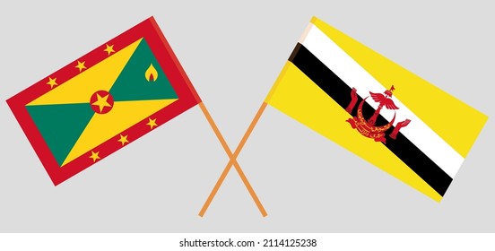 Crossed flags of Grenada and Brunei. Official colors. Correct proportion. Vector illustration
