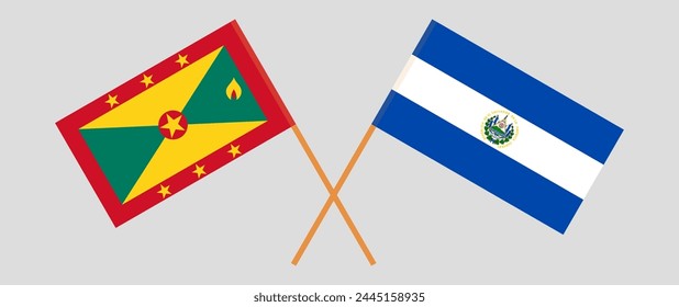 Crossed flags of Grenada and El Salvador. Official colors. Correct proportion. Vector illustration
