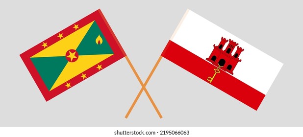 Crossed flags of Grenada and Gibraltar. Official colors. Correct proportion. Vector illustration
