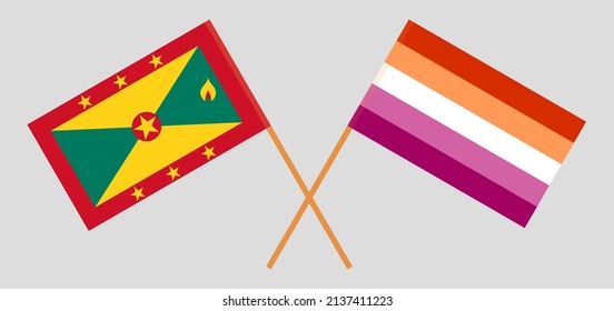 Crossed flags of Grenada and Lesbian Pride. Official colors. Correct proportion. Vector illustration

