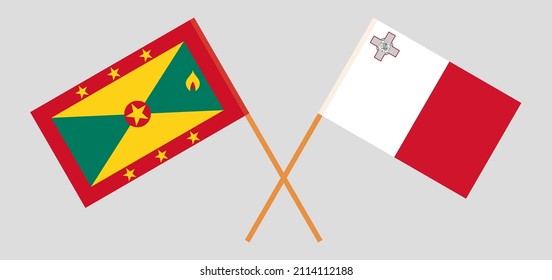Gekreuzte Flaggen von Grenada und Malta. Offizielle Farben. Richtiger Anteil. Vektorgrafik
