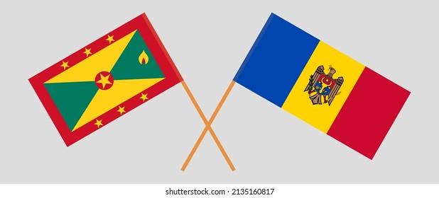 Crossed flags of Grenada and Moldova. Official colors. Correct proportion. Vector illustration
