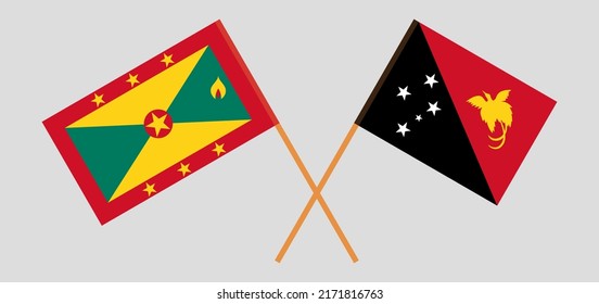 Crossed flags of Grenada and Papua New Guinea. Official colors. Correct proportion. Vector illustration
