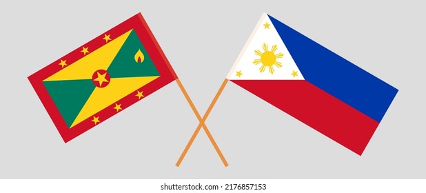 Gekreuzte Flaggen von Grenada und den Philippinen. Offizielle Farben. Richtiger Anteil. Vektorgrafik
